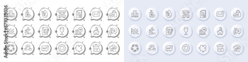 Home, 24h service and University campus line icons. White pin 3d buttons, chat bubbles icons. Pack of Dot plot, Leader run, Video conference icon. Vector