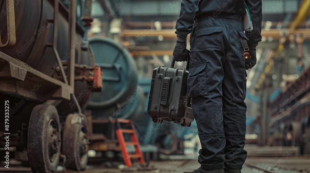 Worker in Blue Jumpsuit Carries Toolbox in Industrial Setting Worker in Blue Jumpsuit Carries Toolbox in Industrial Setting