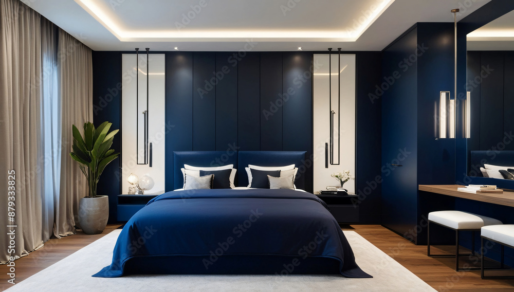 Dark blue main bedroom model, modern style. Dark blue main bedroom model, modern style.
