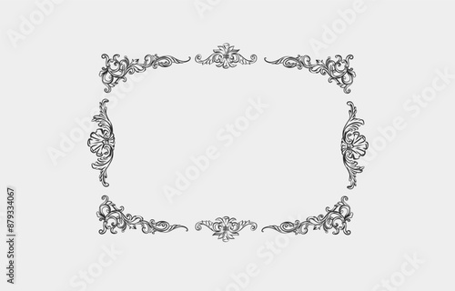 Hand drawn vector abstract outline,graphic,line vintage baroque ornament floral frame in calligraphic elegant modern style.Baroque floral vintage outline design concept.Vector antique frame isolated.