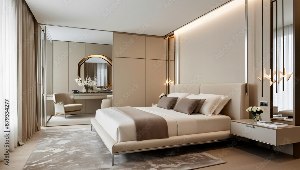 Light beige main bedroom model, modern style. Light beige main bedroom model, modern style.