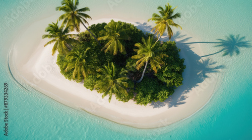 An aerial view of a small, secluded island with palm trees and white sand surrounded by crystal-clear turquoise water