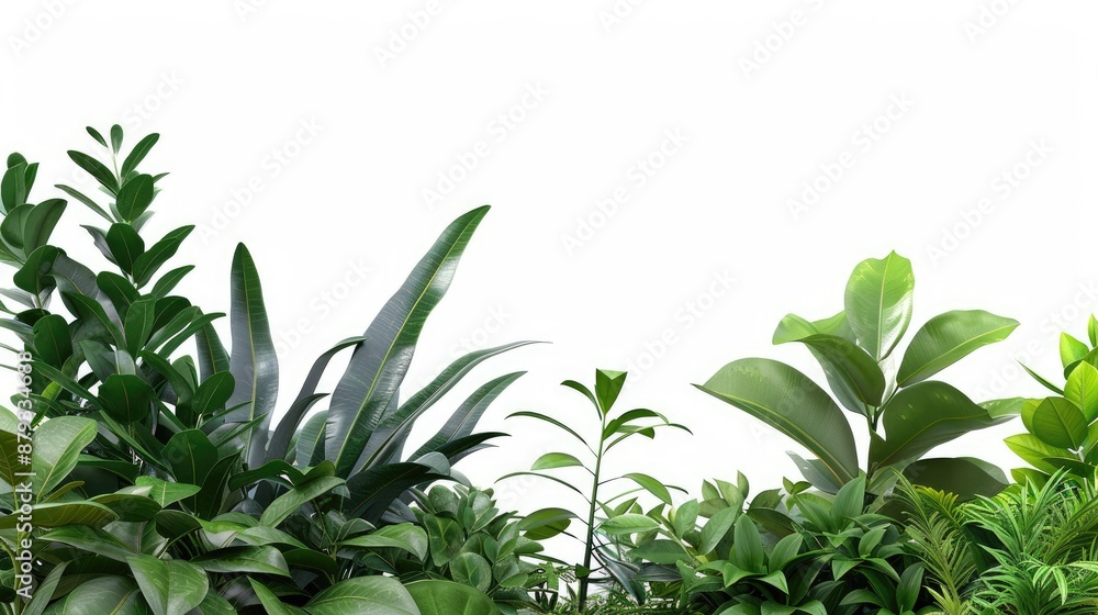 A collection of tropical leaves, including ferns and palm fronds, cascade down against a white backdrop A collection of tropical leaves, including ferns and palm fronds, cascade down against a white backdrop