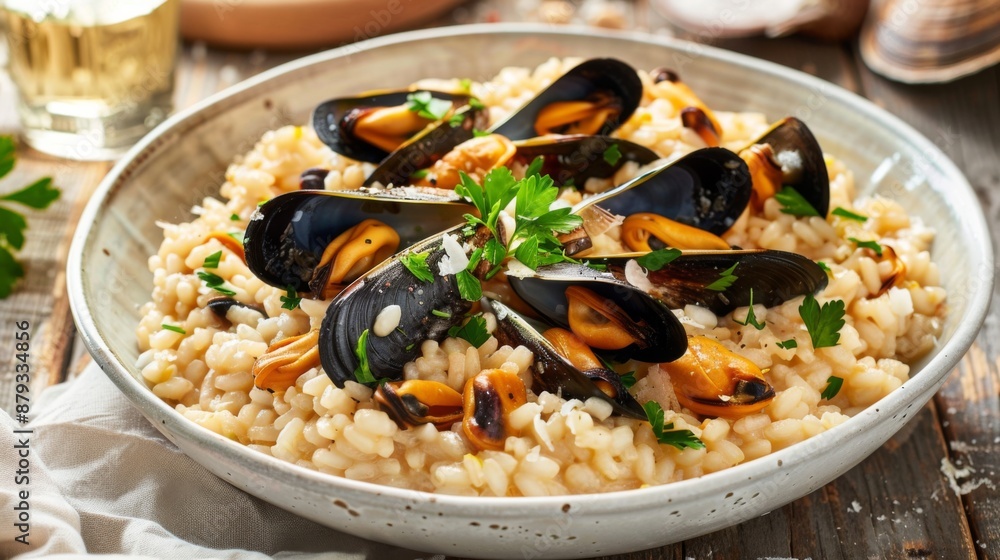 Seafood risotto served in a white bowl, topped with mussels and garnished with parsley. Seafood risotto served in a white bowl, topped with mussels and garnished with parsley.