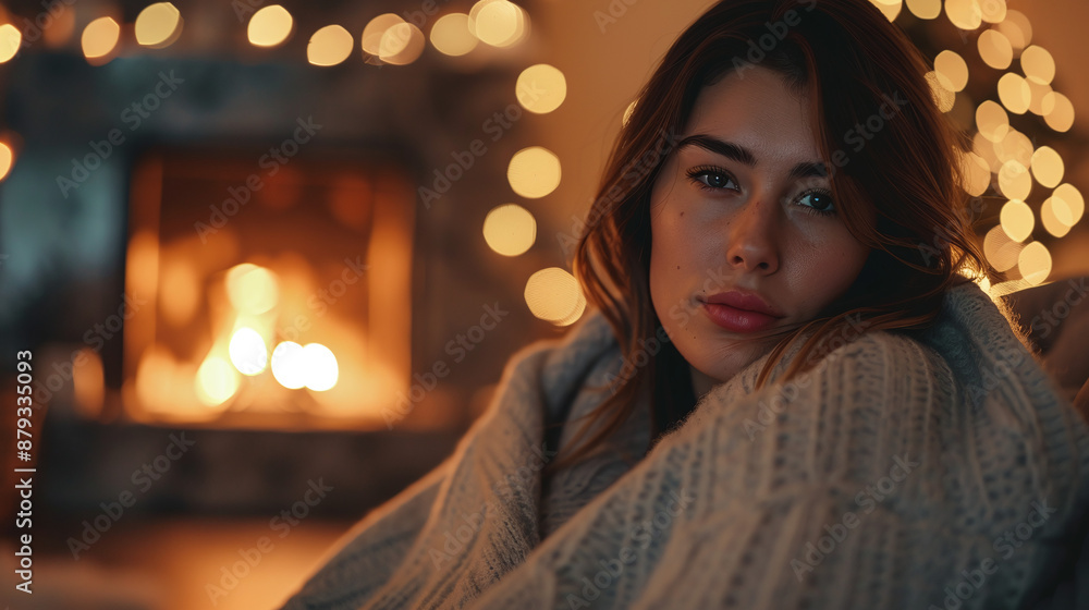 Young woman wrapped in blanket sitting on the sofa with a fireplace in the background Young woman wrapped in blanket sitting on the sofa with a fireplace in the background