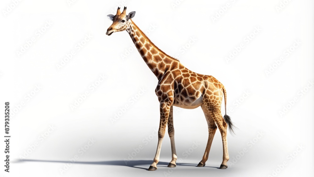 Obraz premium High-resolution image of a majestic giraffe standing alone on a pure white isolated transparent background with subtle shadows.
