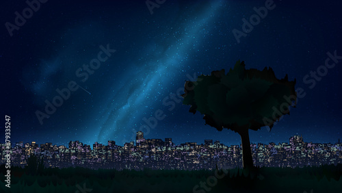 Cityscape, city buildings at night. City ​​skyline at nighttime, tree in the meadow. Night shining starry sky. Dark blue cityscape background with stars, nebula. Illustration, high resolution. Vector