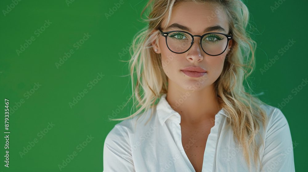 Young beautiful woman model in white shirt and glasses on bright green studio background Young beautiful woman model in white shirt and glasses on bright green studio background