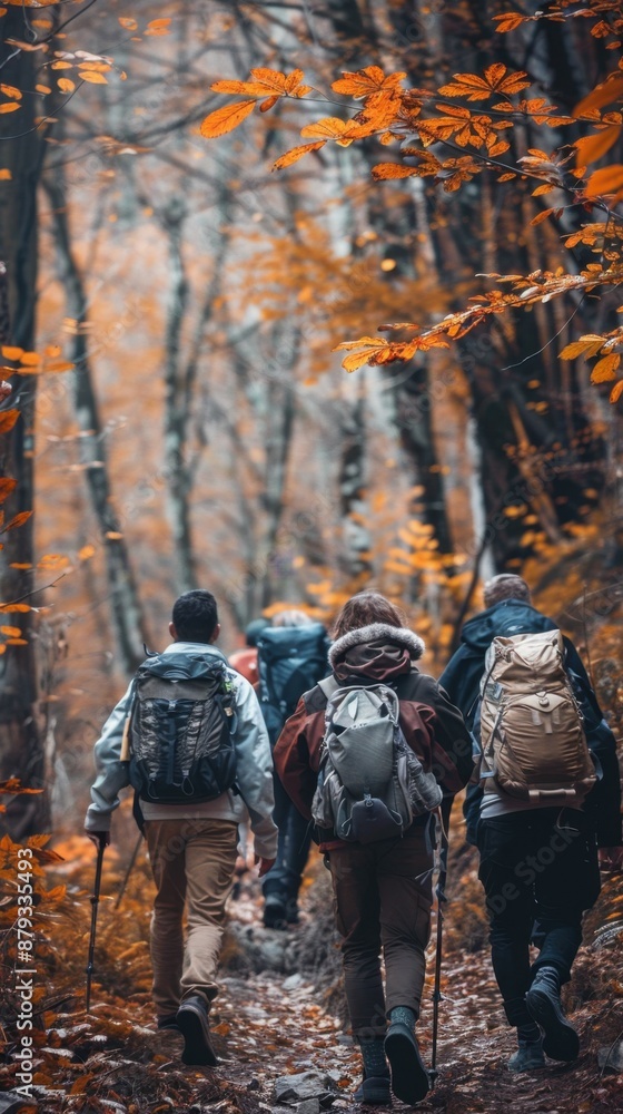 Group hiking on a scenic mountain trail, autumn foliage, adventure travel Group hiking on a scenic mountain trail, autumn foliage, adventure travel