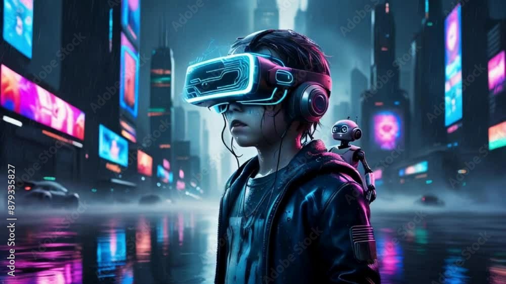 Boy Exploring Virtual Cityscape with VR Headset Boy Exploring Virtual Cityscape with VR Headset