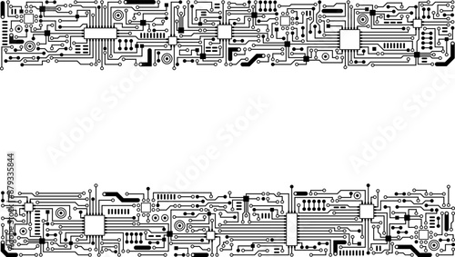 Bannière d'un schéma de circuit imprimé et d'électronique en haut et bas de page avec un fond transparent