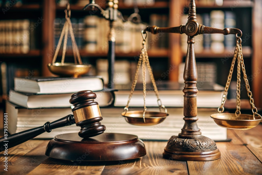 Justice and the law. A wooden hammer, books and scales on the table. The court session. Justice and the law. A wooden hammer, books and scales on the table. The court session.