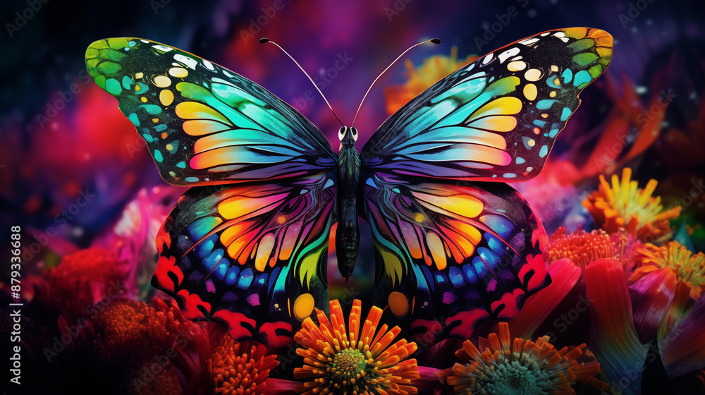 Vibrant Butterfly Amongst Colorful Blooms Vibrant Butterfly Amongst Colorful Blooms