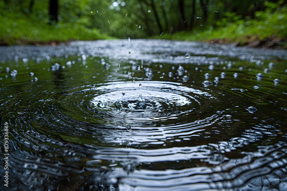 Raindrop Splash in Forest Puddle - Nature's Rainy Day Serenity, Background Design for Posters and Cards Raindrop Splash in Forest Puddle - Nature's Rainy Day Serenity, Background Design for Posters and Cards