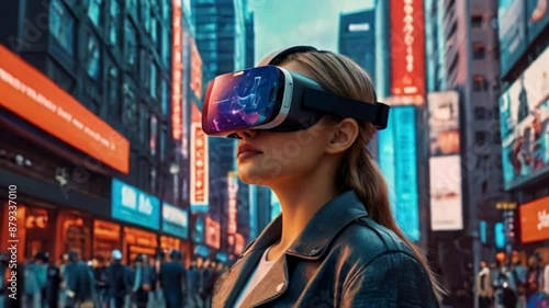 Woman Wearing VR Headset in Neon City
