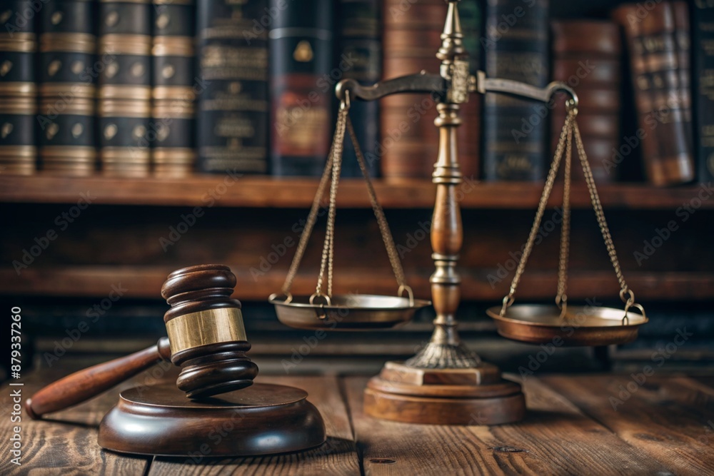 Justice and the law. A wooden hammer, books and scales on the table. The court session. Justice and the law. A wooden hammer, books and scales on the table. The court session.
