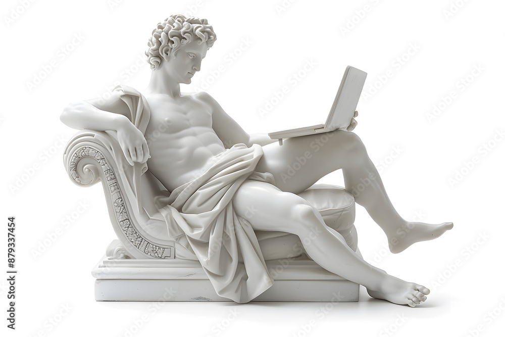 Fototapeta premium Classic white ancient gypsum statue of man using a laptop isolated on white background