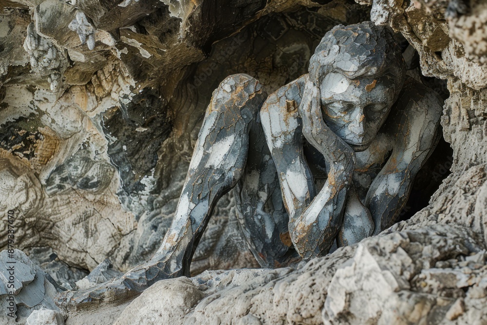 Obraz premium Stone statue sitting alone in a cave, contemplating life with a melancholic expression