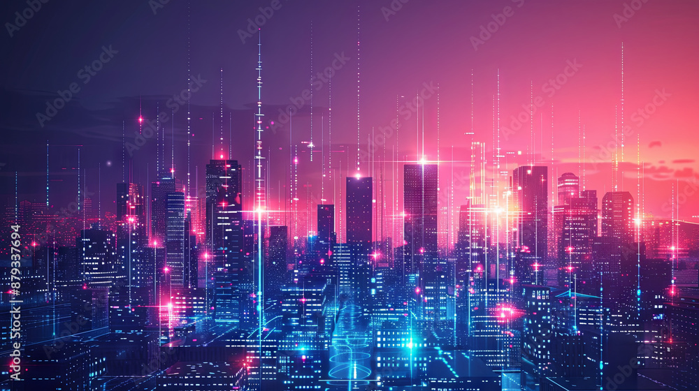 Fototapeta premium A visionary depiction of a smart digital city with an abstract graphic illustrating global connections