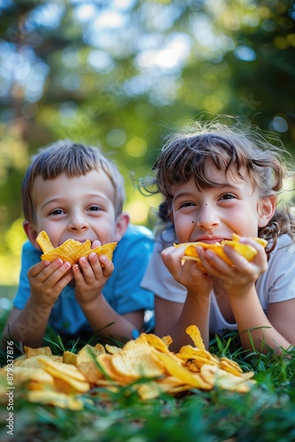 children eating chips on the lawn grass. Selective focus