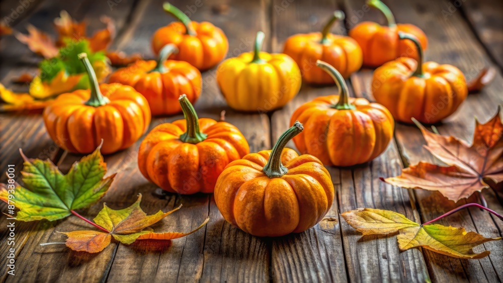 Adorable miniature orange pumpkins with green stems and vines on a rustic wooden table surrounded by fallen autumn leaves. Adorable miniature orange pumpkins with green stems and vines on a rustic wooden table surrounded by fallen autumn leaves.