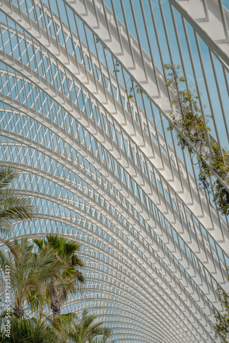 Close-up of a modern metal lattice structure with plants growing through the gaps. The design combines urban architecture with natural elements for a sustainable aesthetic. photo