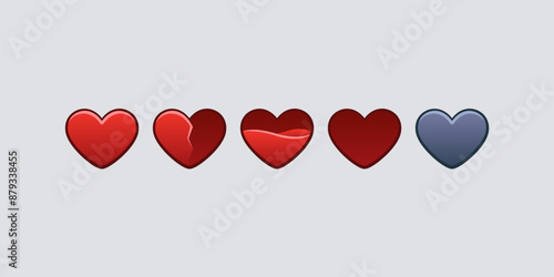 Heart state icons set. Isolated vector illustration of mobile game sprites. Design for stickers, logo, mobile app. Arcade or match 3 2d graphics game asset. Flat 3d item sprites sheet.
