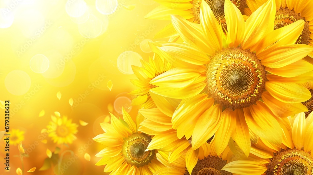 Obraz premium Close-up of bright yellow sunflowers blooming in a field on a sunny summer day