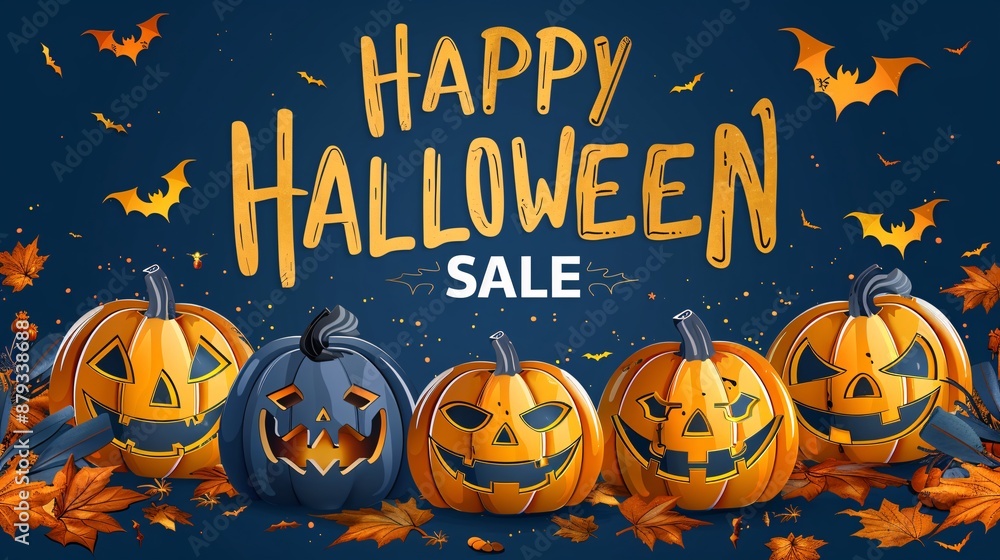 Five carved pumpkins with grinning faces sit on a dark blue background with falling leaves and bats, all around the words Happy Halloween Sale Five carved pumpkins with grinning faces sit on a dark blue background with falling leaves and bats, all around the words Happy Halloween Sale