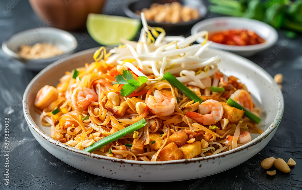 Popular Thai food, Stir fried rice noodles with shrimp called Pad Thai. Popular Thai food, Stir fried rice noodles with shrimp called Pad Thai.