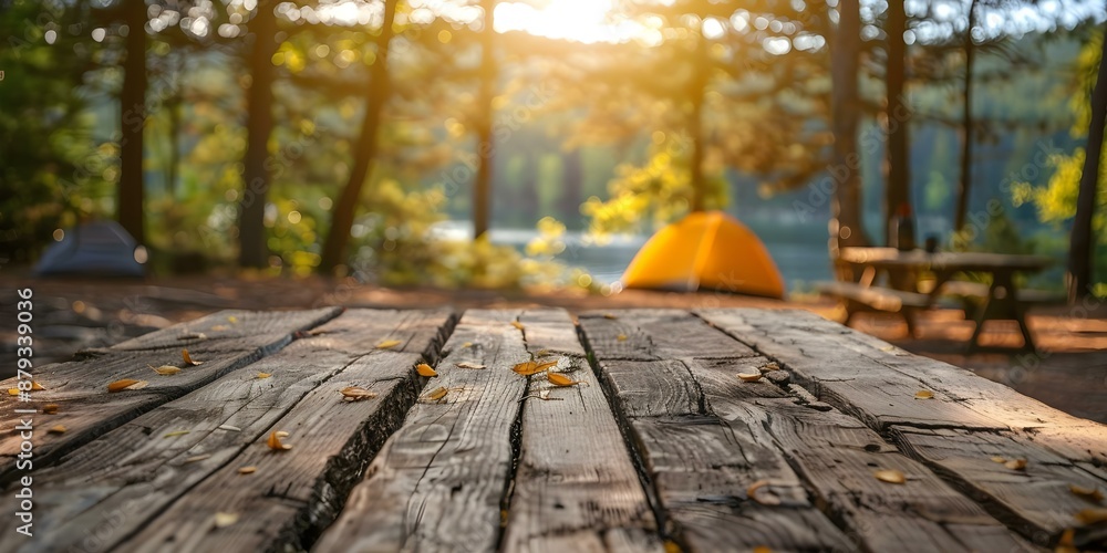 Eco-Friendly Camping Display on an Empty Wooden Table in Nature. Concept Eco-Friendly Camping, Outdoor Display, Wood Table, Nature Setting Eco-Friendly Camping Display on an Empty Wooden Table in Nature. Concept Eco-Friendly Camping, Outdoor Display, Wood Table, Nature Setting