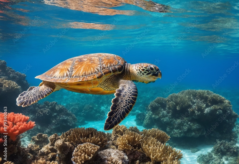 A joyful sea turtle swimming in crystal clear waters, surrounded by vibrant coral reefs A joyful sea turtle swimming in crystal clear waters, surrounded by vibrant coral reefs