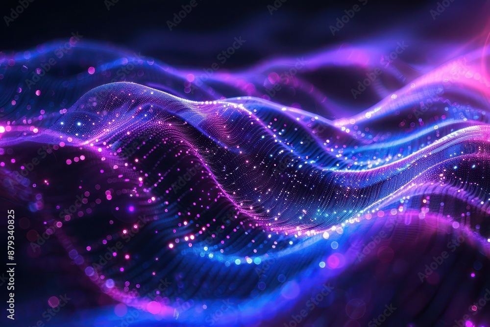 A captivating abstract background of purple and blue particles forming a fluid, wave-like pattern, with light reflecting off the particles to create a three-dimensional effect, A captivating abstract background of purple and blue particles forming a fluid, wave-like pattern, with light reflecting off the particles to create a three-dimensional effect,