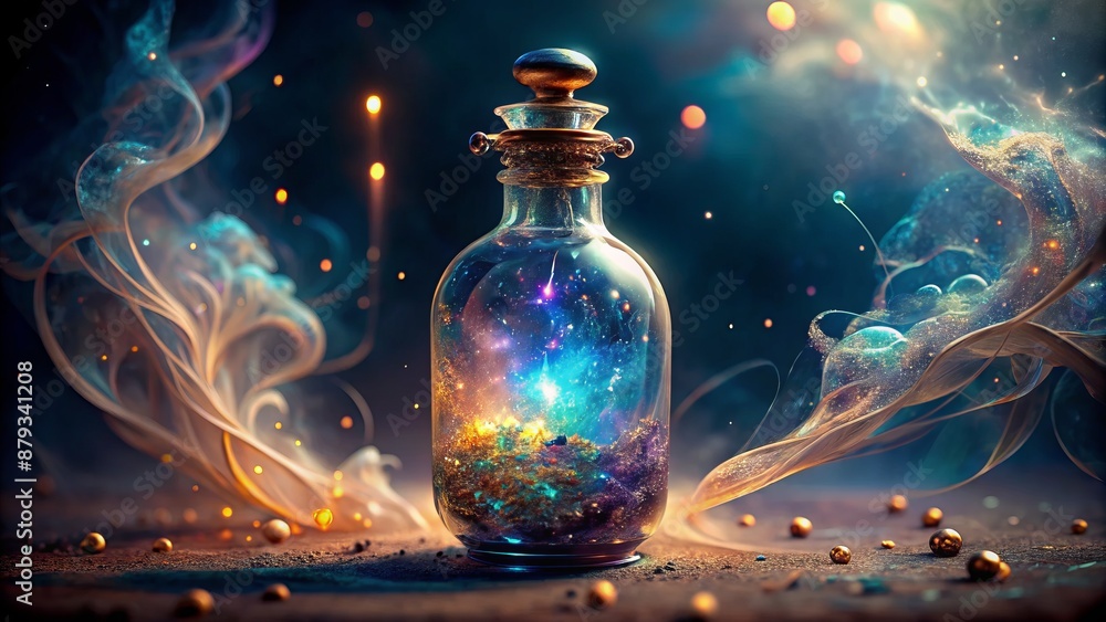 A mysterious, ornate, crystal glass vial filled with shimmering, iridescent liquid, surrounded by swirling mist, on a transparent background. A mysterious, ornate, crystal glass vial filled with shimmering, iridescent liquid, surrounded by swirling mist, on a transparent background.