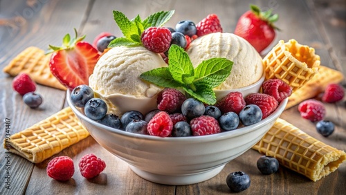 Delightful arrangement of creamy vanilla gelato, fresh mixed berries, and crispy waffle cones in a large white ice cream bowl. photo