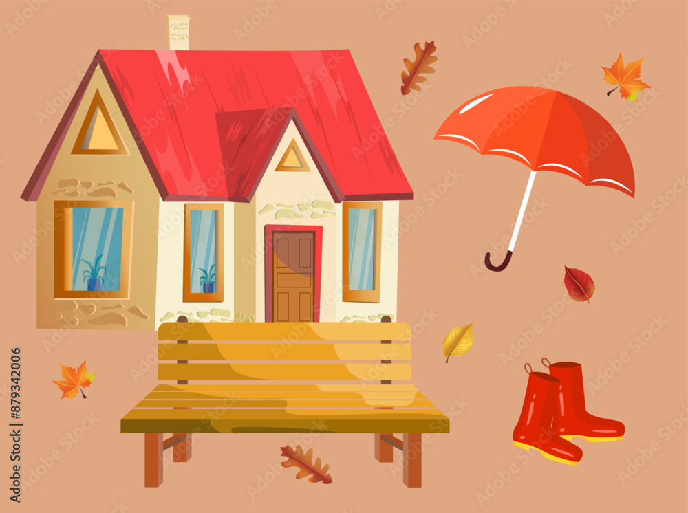 Wooden bench in front of the house, red boots and an umbrella. Illustration elements for banner design, village fairs and websites. Wooden bench in front of the house, red boots and an umbrella. Illustration elements for banner design, village fairs and websites.