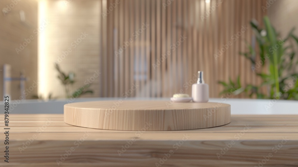 Wooden podium for bathing and spa products in defocused bathroom, Round wooden podium for product display on blurred bathroom background. Wooden podium for bathing and spa products in defocused bathroom, Round wooden podium for product display on blurred bathroom background.