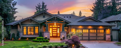 Stylish suburban craftsman home in light olive, forest edge, twilight, photo