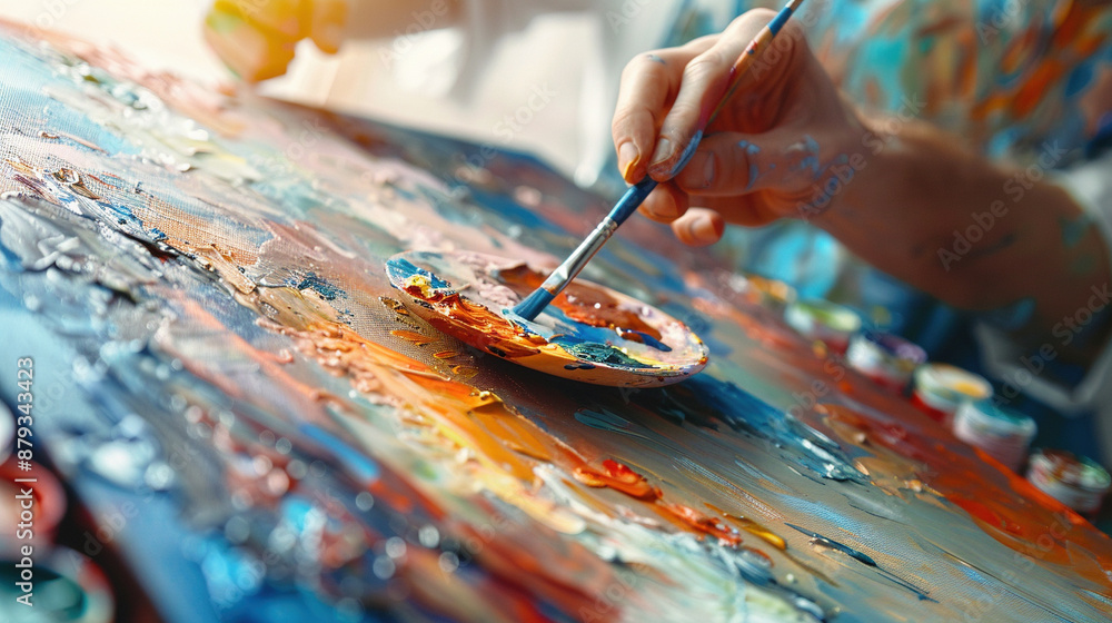 Artist Painting Abstract Artwork on Canvas with Palette and Brush Artist Painting Abstract Artwork on Canvas with Palette and Brush