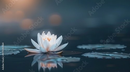Two white water lilies bloom in a pond surrounded by green lily pads