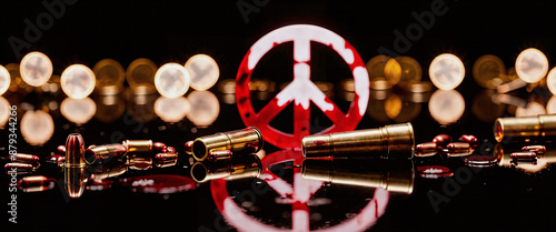 The peace sign or the sign of the Campaign for Nuclear Disarmament surrounded by bullets as a sign of demand for disarmament and peace