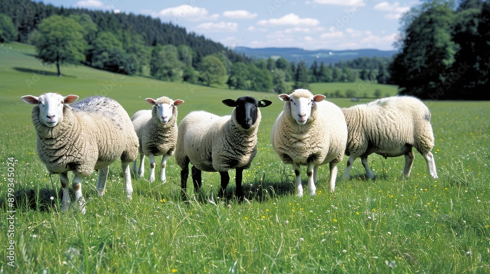 A single black sheep stands out from a group of white sheep in a grassy field, looking at the camera A single black sheep stands out from a group of white sheep in a grassy field, looking at the camera