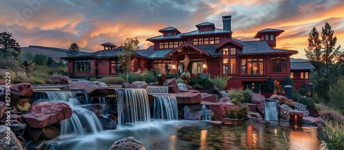 Striking Crimson Craftsman Home with a Cascading Waterfall Garden and Distant Hills View