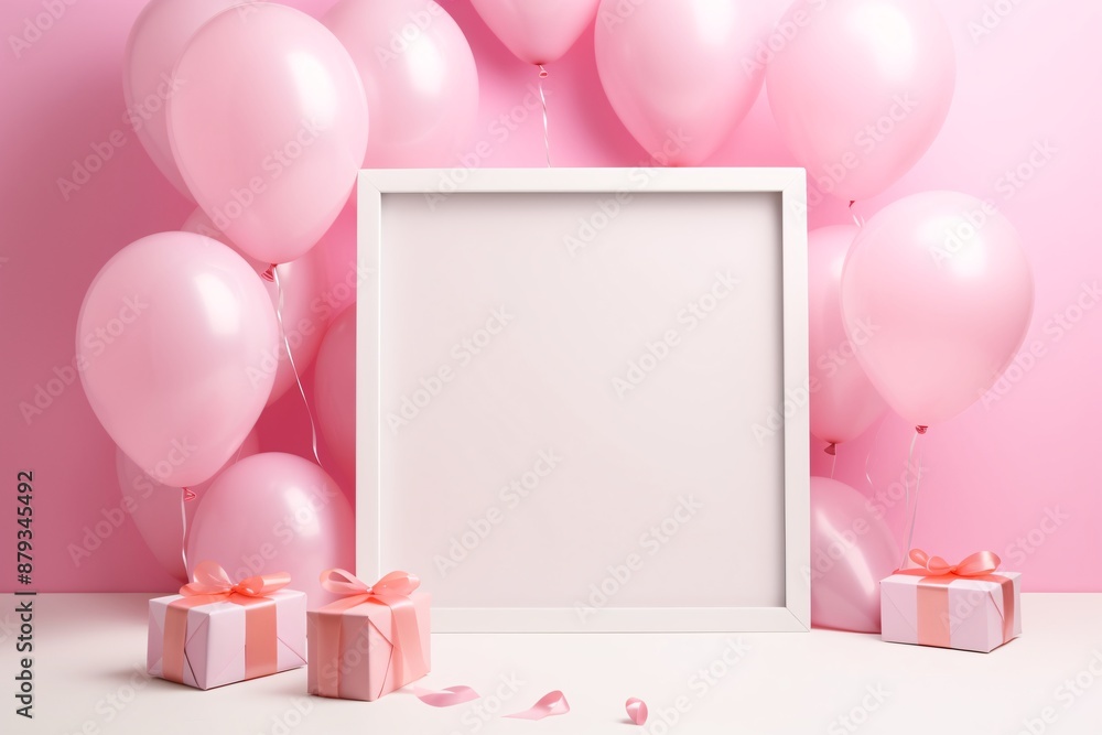 a white frame with pink balloons around it a white frame with pink balloons around it