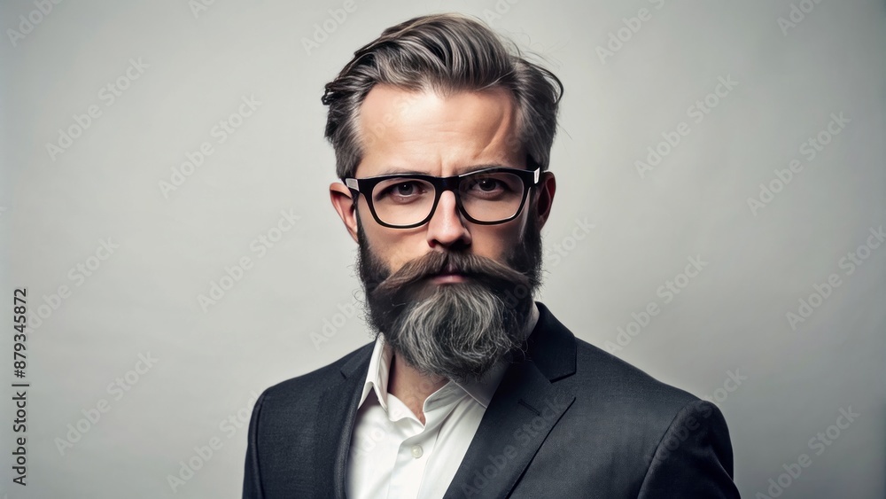 Sophisticated monochromatic image featuring a refined silhouette of a bearded Gentleman in glasses against a pristine white backdrop. Sophisticated monochromatic image featuring a refined silhouette of a bearded Gentleman in glasses against a pristine white backdrop.