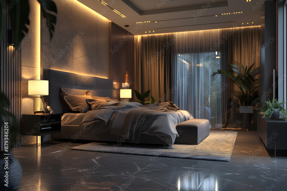 Modern luxury bedroom with chic decor, soft lighting, and a comfortable bed, illustrating interior design and comfort.
Modern luxury bedroom with chic decor, soft lighting, and a comfortable bed, illustrating interior design and comfort.