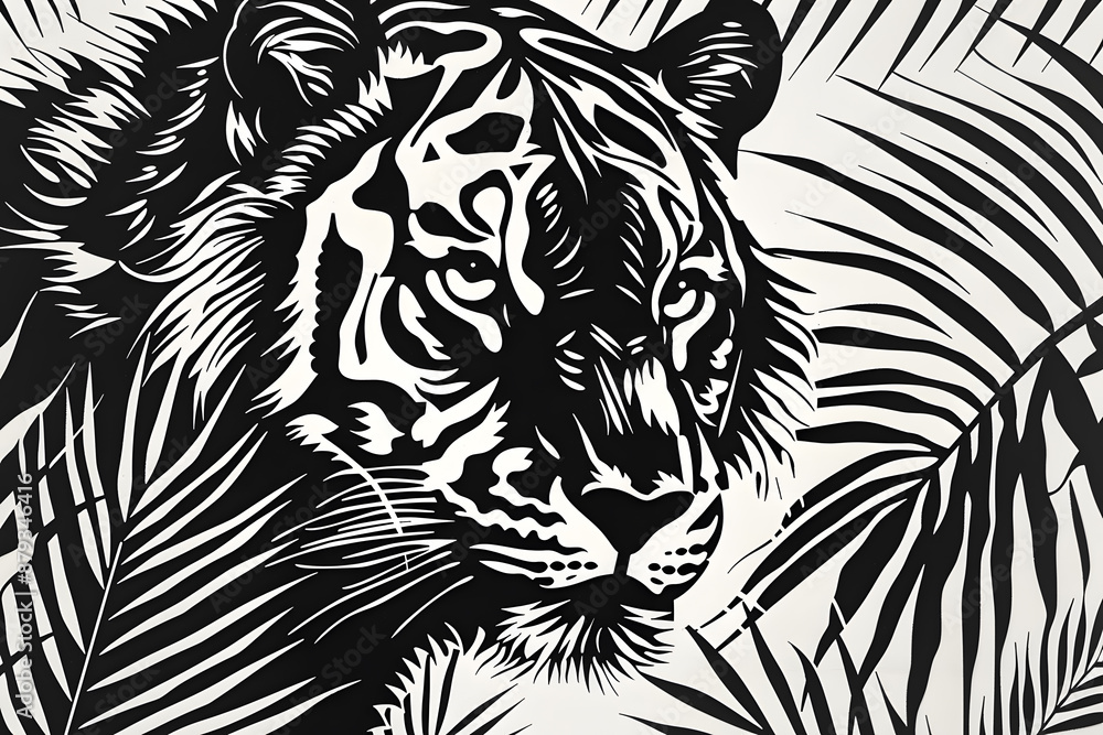 Hand drawn tiger silhouette in a minimal style. Black and white graphic illustration isolated on white background Hand drawn tiger silhouette in a minimal style. Black and white graphic illustration isolated on white background