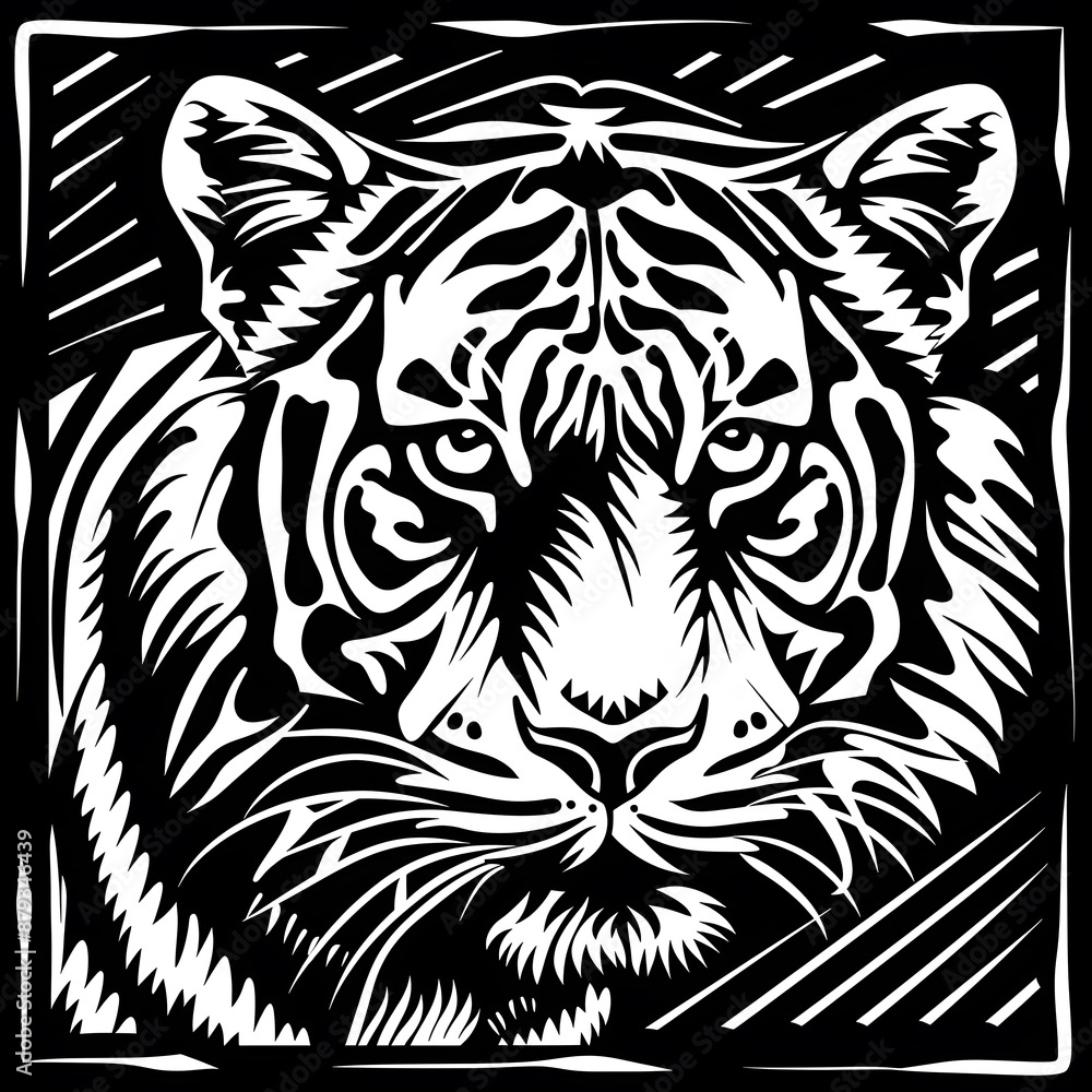 Hand drawn tiger silhouette in a minimal style. Black and white graphic illustration isolated on white background Hand drawn tiger silhouette in a minimal style. Black and white graphic illustration isolated on white background