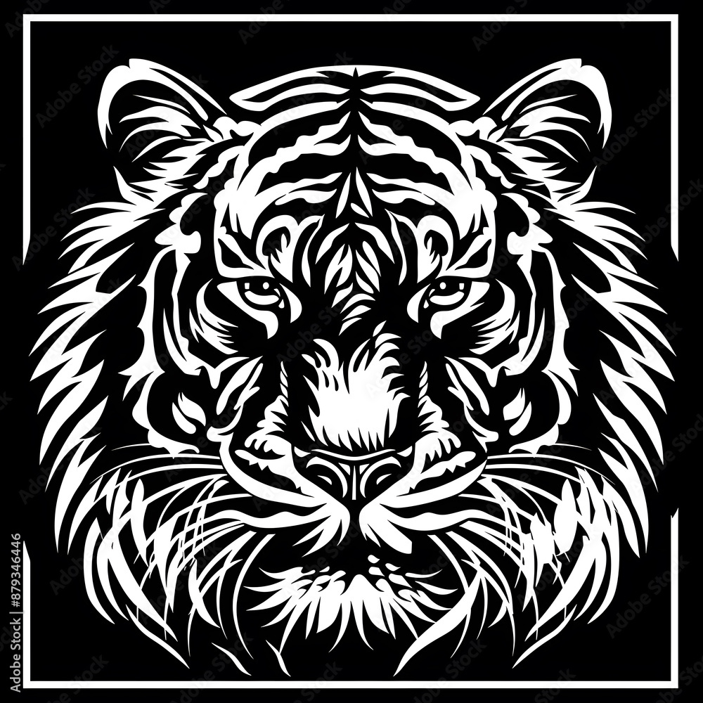 Fototapeta premium Hand drawn tiger silhouette in a minimal style. Black and white graphic illustration isolated on white background