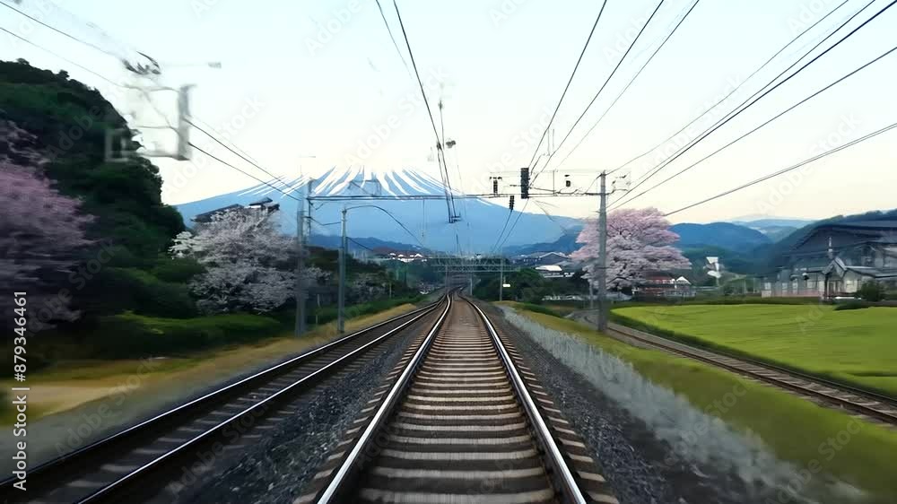 the train with Japanese landscape on the background the train with Japanese landscape on the background